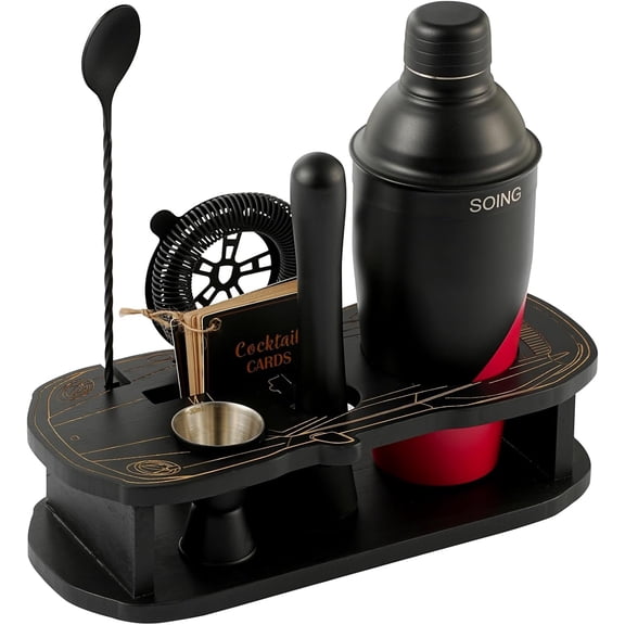Cocktail Shaker Set with Unique Car-Shaped Wooden Stand,Bartender Kit with 24oz Shaker,Jigger,Muddler,Mixing Spoon,Strainer & Recipe CardsProfessional Home Bar Set