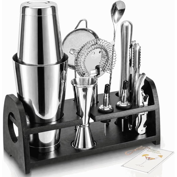 Cocktail Shaker Set, Weighted Boston Shaker Set with Bamboo Stand, 18/8 Stainless Steel Mixology Bartender Kit with Jigger, Fine Mesh & Hawthorne Strainers, Muddler, Spoon, Ice Tongs