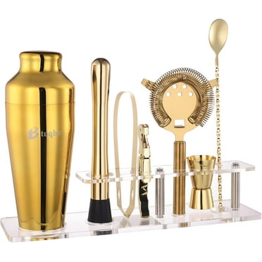 Cocktail Shaker Set with Arcylic Stand, Mixology Bartender Kit for Drink Mixing | Mixology Set with 7 Bar Set Tools Cocktail Kit (Gold)