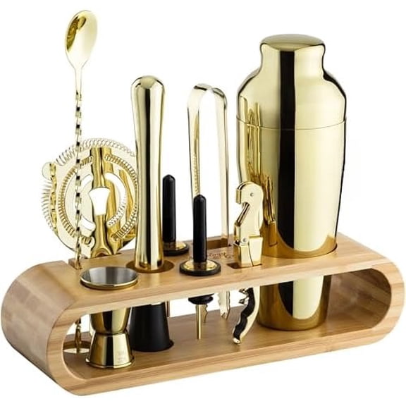 Cocktail Shaker Set with Bamboo Stand - Professional 18oz 10-Piece Bartender Kit - Complete Bar Set & Cocktail Mixer Kit for Home (Gold)
