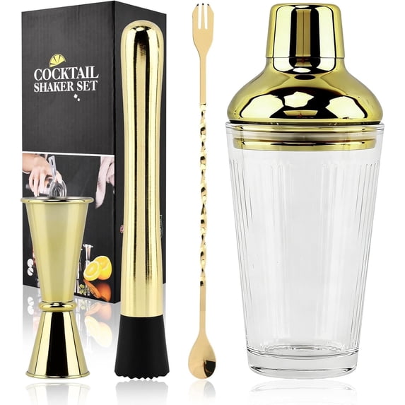 Cocktail Shaker Set with Thick Gold Glass, Includes Stainless Steel Shaker, Mixing Spoon, Muddler & Double Jigger(COLOR:Gold)