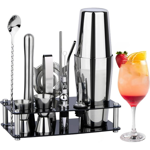 Cocktail Shakr St Bartndr Kit : 15-Pic Bar Tool with Acrylic Stand Bars All Practical Accssoris, for Drink Mixing, Bar, Hom, Loung & Party, Silvr