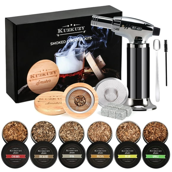 Cocktail Smoker Infuser Kit, Complete Whiskey Smoker Set with Triple Flame Torch and 6 Flavors Wood Chips, Professional Old Fashioned Smoker for Home Bar, Birthday Gift for Men and Dads, Silver