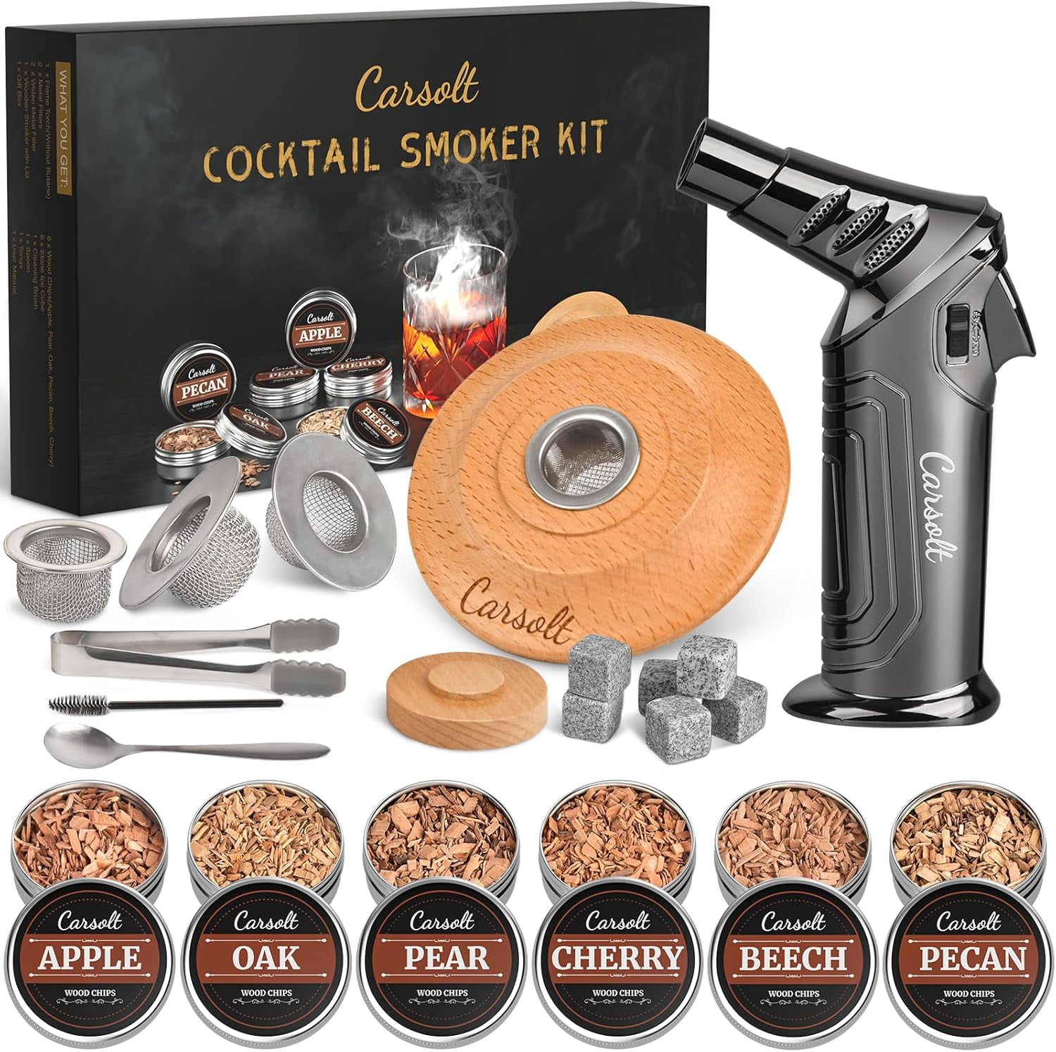 Cocktail Smoker Kit With Whiskey Glass & Stones - Includes 4 Wood Chips (Oak, Apple, Peach, Cherry) In Pine Box