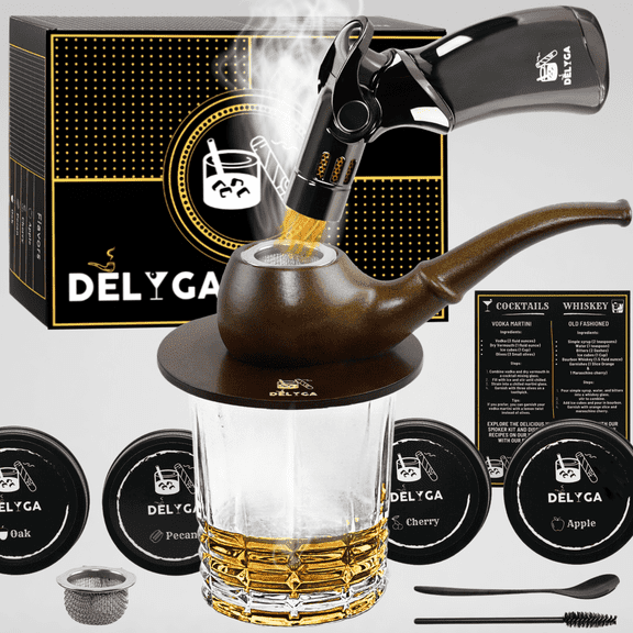 DELYGA Cocktail Smoker Kit with Torch, Pipe-Shaped, Whiskey Smoker, 4 Wood Chips Flavors, Gifts for Dad, Gifts for Men, Old Fashioned, Bourbon Infuser Gift Kit (LvL 2 - Wood Dark Brown - No Butane)