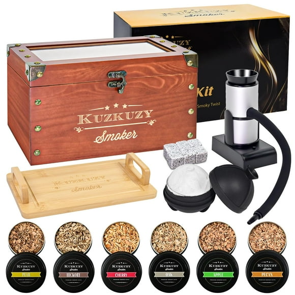 Cocktail Smoker Kit - Whiskey Smoker Kit with Smoking Gun, Smoker Box, 6 Flavors Wood Chips with Whiskey Stones & Ice Mold - Bourbon Old Fashioned Smoker Kit, Gifts for Men, Dad (Torch Not Required)