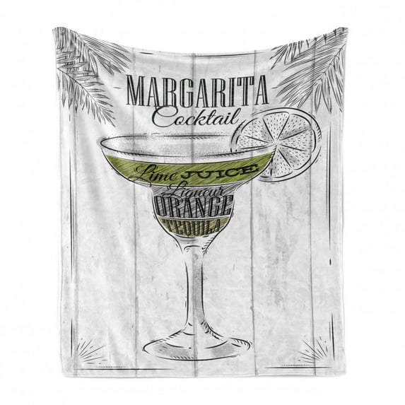 Cocktail Soft Flannel Fleece Blanket, Ingredients of Margarita Sketch Lime Juice Liqueur Orange and Tequila, Cozy Plush for Indoor and Outdoor Use, 50" x 60", Grey White Apple Green, by Ambesonne