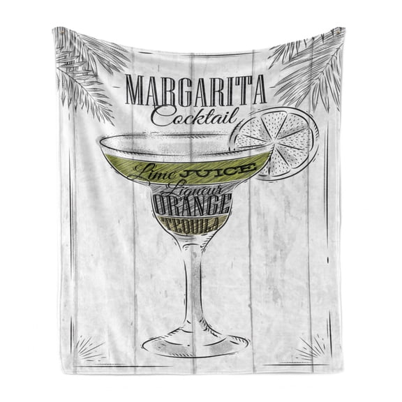 Cocktail Soft Flannel Fleece Blanket, Ingredients of Margarita Sketch Lime Juice Liqueur Orange and Tequila, Cozy Plush for Indoor and Outdoor Use, 50" x 70", Grey White Apple Green, by Ambesonne