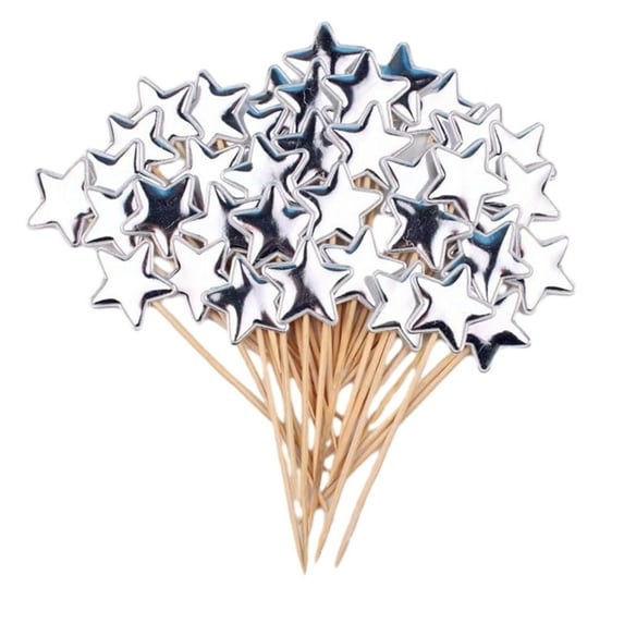Cocktail Sticks 50 PCS Silver Star Wooden Toothpicks Holiday Party Appetizer Skewers Christmas Decoration
