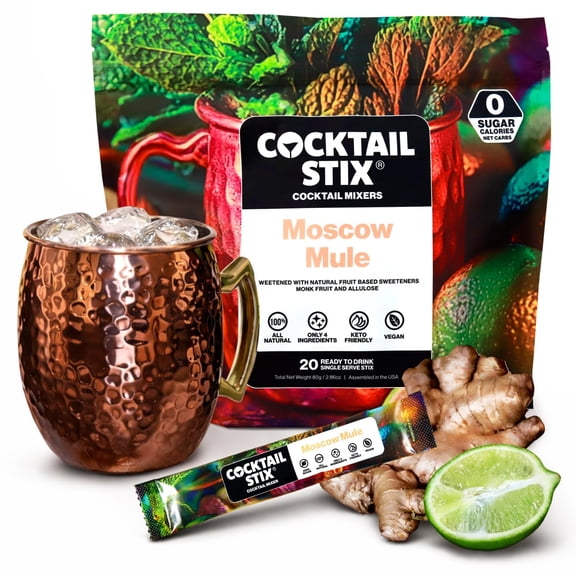 Cocktail Stix Zero Sugar Moscow Mule Mixer - Cocktail & Mocktail Drink Mixer - Skinny Mixes - Water Flavoring Packets - Vegan - No Calories, No Carbs, No Sugar - Non-GMO - 20 Pack