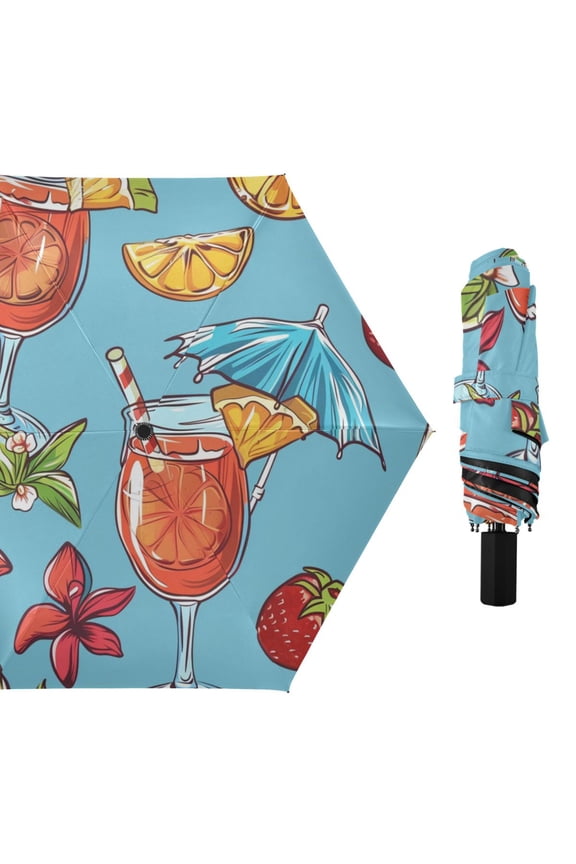 Cocktail Strawberries Flowers Leaves Oranges All Weather Umbrella Triple Folding Parasol 6 Ribs UV Protection Portable