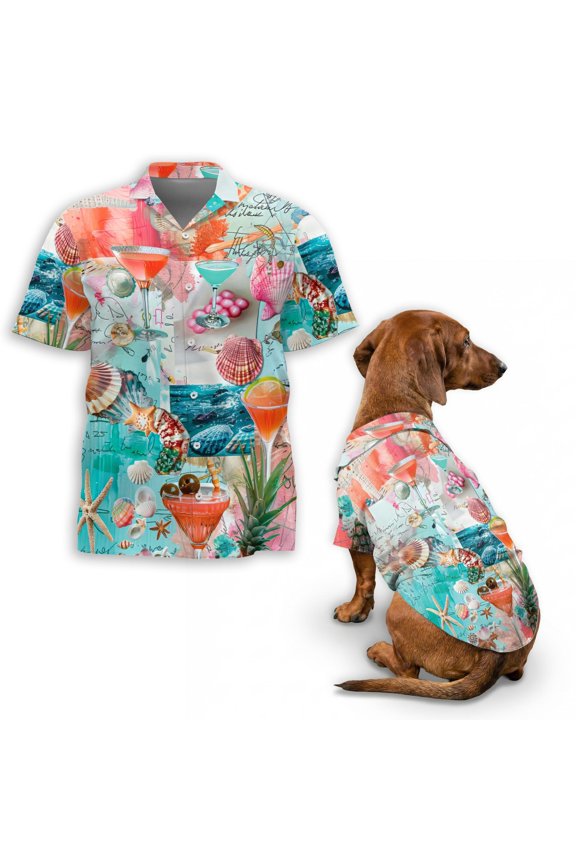Cocktail Summer Hawaiian Shirt Beach Party Aloha Shirt Tropical Drink and Shells Print Unisex Vacation Shirt for Men and Women