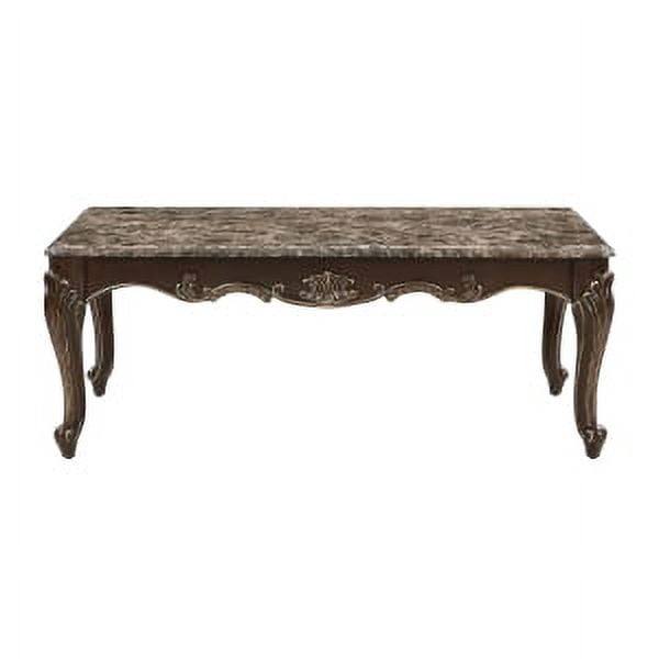 Cocktail Table - Genuine Marble Top with Cherry Finish and Gold Tipping, Cabriole Legs, and Decorative Scroll Apron