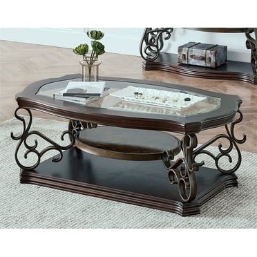 Cocktail Table, Modern 3-Tier Coffee Table with Glass Table Top with Marble Paper Middle Shelf & Powder Coat Finish & Metal Legs & & Storage Shelf, Accent Side Table for Living Room Bedroom, Brown