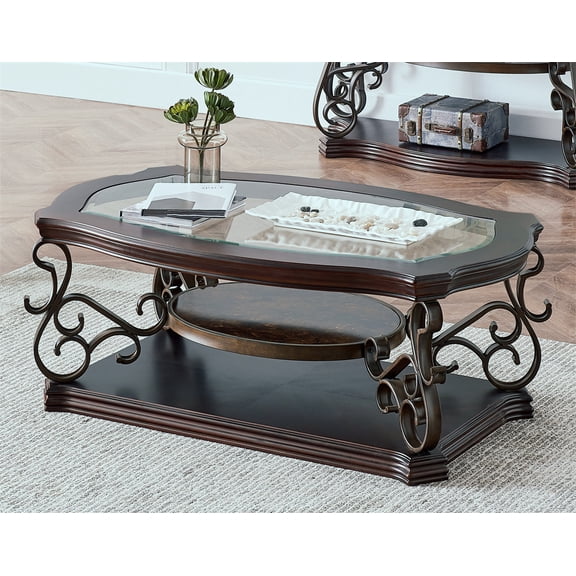 Cocktail Table, Modern 3-Tier Coffee Table with Glass Table Top with Marble Paper Middle Shelf & Powder Coat Finish & Metal Legs & & Storage Shelf, Accent Side Table for Living Room Bedroom, Brown