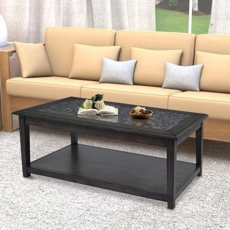Cocktail Table With Marble Tile Inlay And Lower Shelf, Dark Gray- Saltoro Sherpi