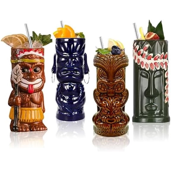 Cocktail Tiki Mugs Set Of 4 - Exotic Frosted Mug With 4 pack Straws and Fruit Picks,Cute Ceramic Cocktail Glasses For Hawaiian Style Party,Tropical Cocktails Drinkware For Tiki Bar