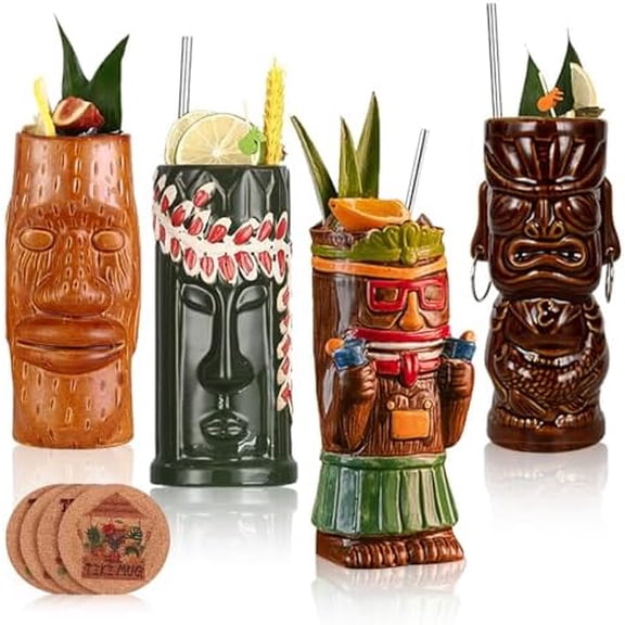 Cocktail Tiki Mugs Set Of 4 - Exotic Mug With 4 Coasters And 4 Straws,Cute Ceramic Hawaiian Style Cocktail Glasses For Party And Tropical Tiki Bar,Mai Tai Drinkware