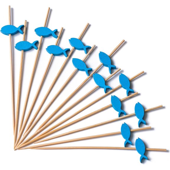 Cocktail Toothpicks 100 Counts Cocktail Picks Handmade Natural Bamboo Cocktail Sticks Eco-Friendly Appetizer Skewers for Cocktail Appetizers Fruits Dessert - Blue Fishes
