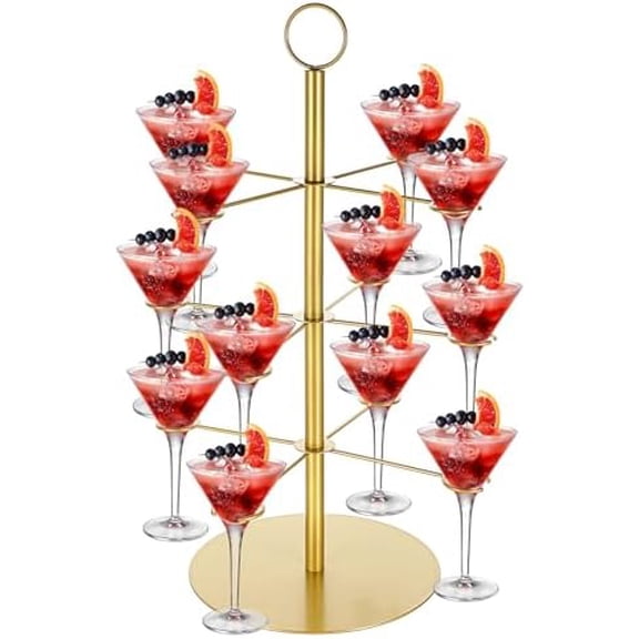 Cocktail Tree Stand, Metal Drink Tower, 3 Tier - 12 Holders For Champagne, Martini, Margarita Cups - Gold$$Home Decor, Kitchen, & Other