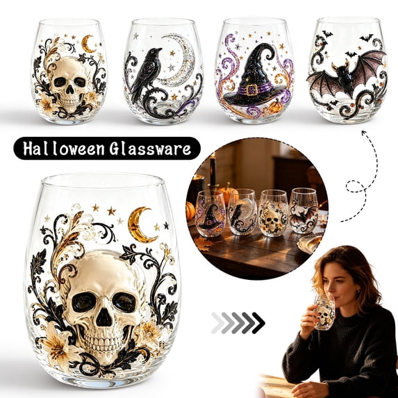 Cocktail Tumbler, Halloween Decor, Gothic Home Decor, Bar Decorations for Home, Stemless Halloween Glass for Holiday Drinks and Spooky Gathering Use