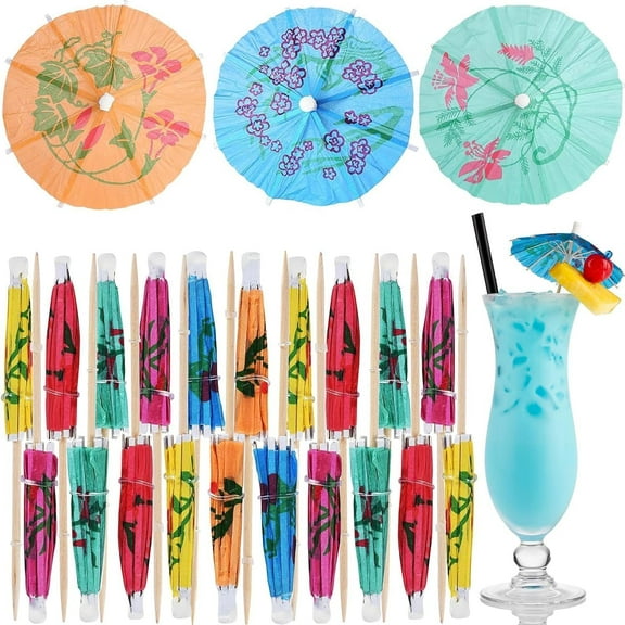 Cocktail Umbrella Picks, 24-Pack Drink Umbrella Toothpicks, Colorful Paper Cupcake Toppers for Luau Party Sandwich Fruit, Wooden Cocktail Picks for Tropical Hawaiian Tiki Party Decoration