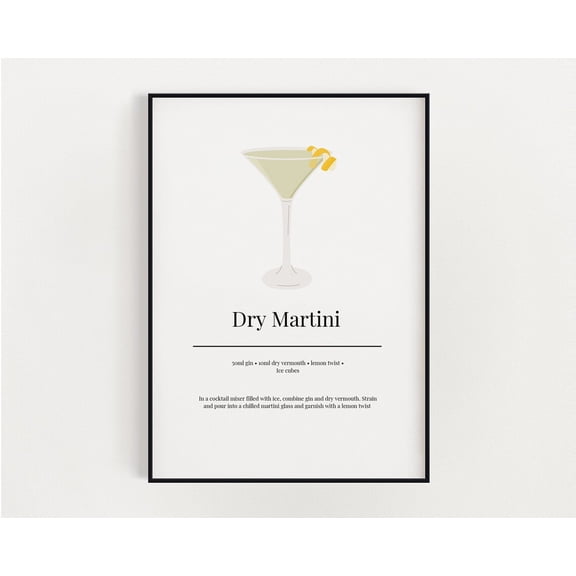 Cocktail Wall Art, Dry Martini, Kitchen Wall Art, Cocktail Recipe Print, Bar Cart Decor Home Decor #3531, Unframed Canvas Size 8x12