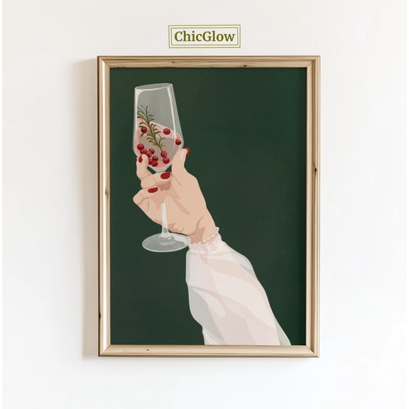 Cocktail Wall Art – Feminine Hand With Wine Glass Print, Red And Green Decor, Elegant Festive Poster, Unframed Poster Size 16x24