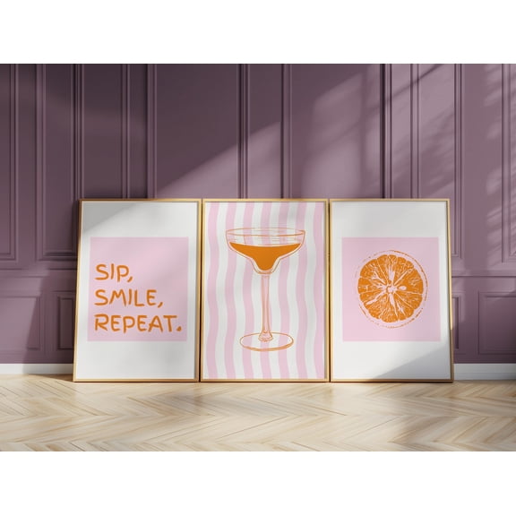Cocktail Wall Art Set Pink Orange Kitchen Prints Martini Glass Poster Retro Quote Decor for Dining Room or Home Bart Set 3, Poster Only