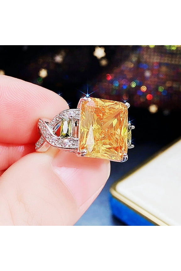 Cocktail Wedding Women's Ring Simulated Yellow Citrine 14K White Gold Plated Silver