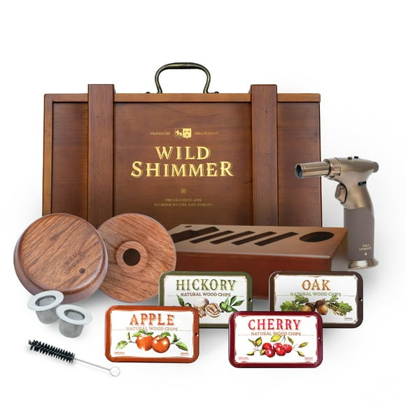 Cocktail Whiskey Smoker Kit with Torch, Wooden Box & Stand | Premium USA Walnut Smoker & 4 Flavors Natural Wood Chips | Old Fashioned Smoker Kit | Bourbon Gifts for Men