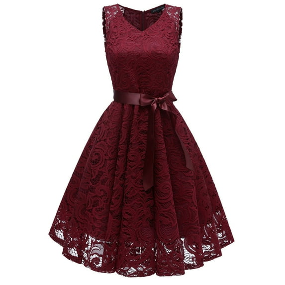 Cocktail Womens Dresses Women Vintage Princess Floral Lace V-Neck Party Aline Swing Dress Red
