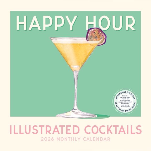 Cocktails Calendar 2026 | Happy Hour: Illustrated Recipes Wall Calendar | 12" x 24" | Marble City Press
