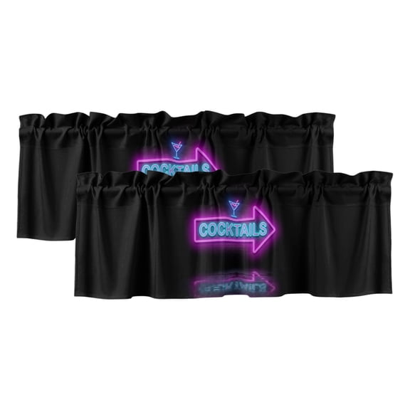 Cocktails Neon Arrow 2 Panels Kitchen Valance, Modern Bar Style Blue Purple Cocktails Sign Curtains Valances for Small Windows Rod Pocket Window Treatments for Living Room Bedroom 42"W x 12"L
