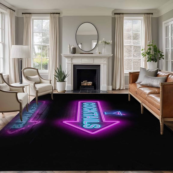 Cocktails Neon Arrow 5x7 Area Rugs for Living Room, Modern Bar Style Blue Purple Cocktails Sign Non Slip Floor Mat Washable Low-Profile Indoor Carpet for Bedroom, Dining Room, Bathroom