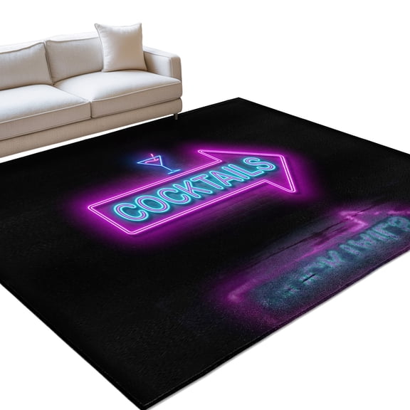 Cocktails Neon Arrow 6x9ft Non Slip Area Rug Modern Bar Style Blue Purple Cocktails Sign Washable Soft Area Rugs for Living Room, Indoor Circle Carpet for Bedroom Dining Room Kitchen