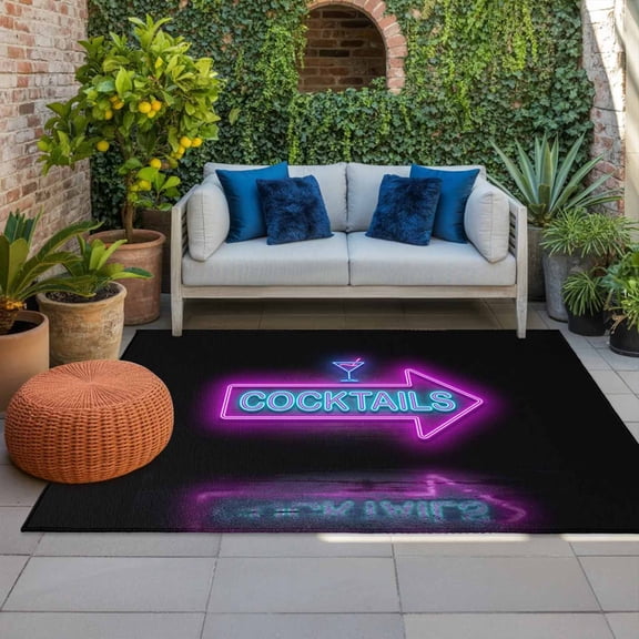 Cocktails Neon Arrow Indoor Outdoor Rugs 4x6 Ft, Modern Bar Style Blue Purple Cocktails Sign Outdoor Patio Rugs Mat Washable Outside Area Rugs Carpet for Porch Deck RV Camping Pool Balcony Backyard