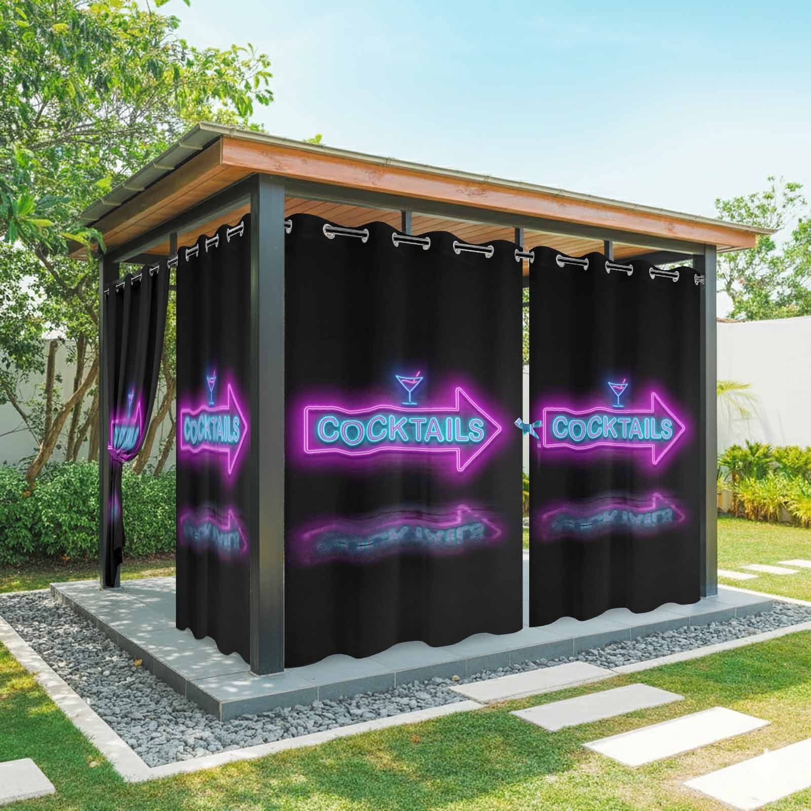 Cocktails Neon Arrow Outdoor Curtains for Patio, Modern Bar Style Blue Purple Cocktails Sign Sunshade Privacy Drapes Grommet Waterproof Outside Curtains for Porch/Cabana/Balcony 54"x 108", 1 Panel