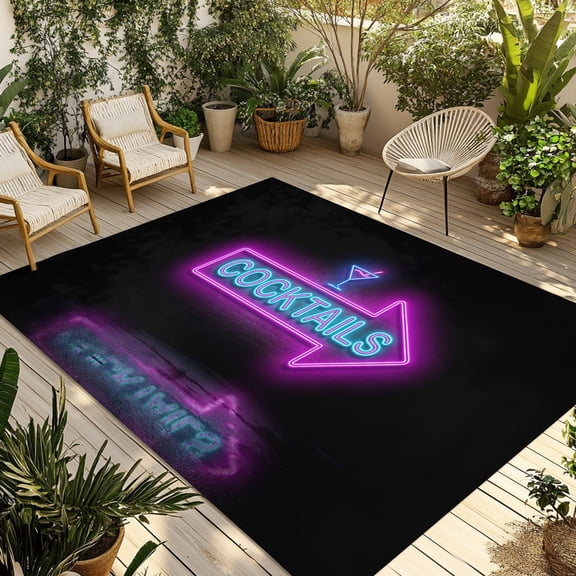 Cocktails Neon Arrow Outdoor Rug 5x7 ft Modern Bar Style Blue Purple Cocktails Sign Non Slip Patio Rug Washable Absorbent Large Outdoor Carpet Outside Mat for Porch RV Garden Camping