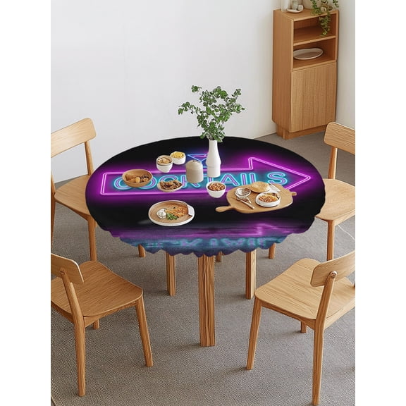 Cocktails Neon Arrow Round Fitted Tablecloth with Elastic Edge, Modern Bar Style Blue Purple Cocktails Sign Waterproof Stretch Table Covers for 36"-44" Tables Wipeable Table Cloth for Outdoor