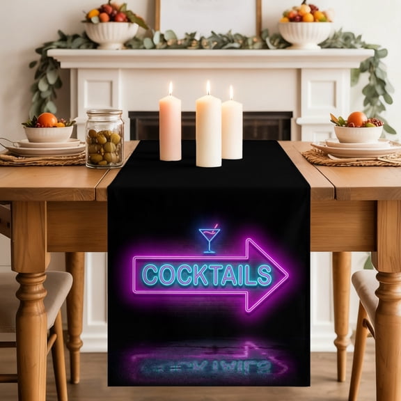 Cocktails Neon Arrow Table Runner, Modern Bar Style Blue Purple Cocktails Sign Washable Cotton-linen Table Runners Dining Kitchen Decoration for Everyday Home Wedding Party Decor, 13 x 36 Inch
