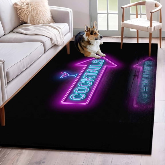 Cocktails Neon Arrow Washable Area Rug 4x6 Modern Bar Style Blue Purple Cocktails Sign Low-Profile Large Area Rugs with Non Slip Backing Indoor Floor Carpet for Entrance Living Room Bedroom