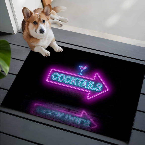 Cocktails Neon Arrow Washable Entry Rug 2x3 Modern Bar Style Blue Purple Cocktails Sign Low Pile Indoor Door Mat with Rubber Backing Thin Area Rug for for Entrance, Bedroom, Kitchen, Bathroom