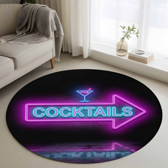 Cocktails Neon Arrow Washable Round Area Rug 3 ft, Modern Bar Style Blue Purple Cocktails Sign , Soft Non Slip Rugs Stain Repellent Indoor Felt Carpet for Living Dining Room Bedroom Home Office