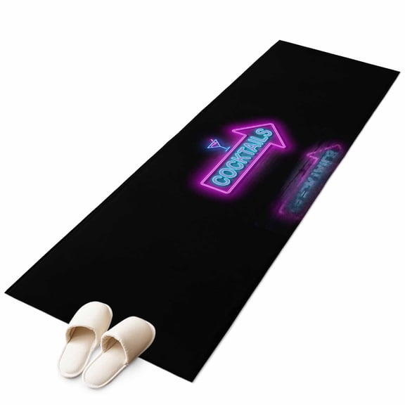 Cocktails Neon Arrow Washable Runner Rugs 2'x6', Modern Bar Style Blue Purple Cocktails Sign Low Pile Throw Entryway Rug Non-Slip Sturdy Edge Binding Carpet for Indoor Bedside Entrance Bedside