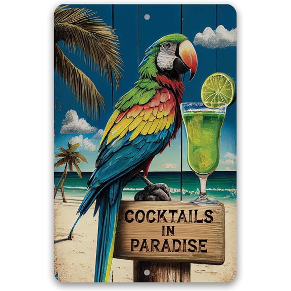 Cocktails in Paradise - Retro Vintage Decoration Perfect for Home, Beach Bar, Poolside, Patio, or Tiki Bar, Classic Cocktail Drinks Sign and Gifts, Indoor/Outdoor Durable Metal Sign (8" x 12")
