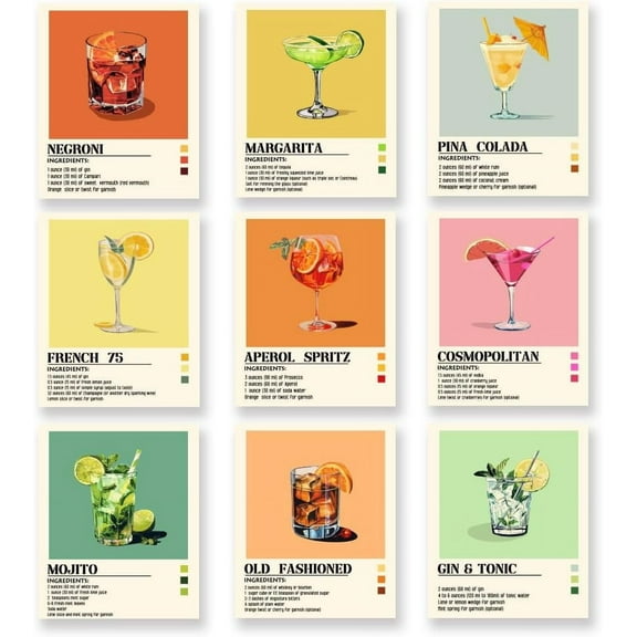 Cocktails Wall Art Prints Summer Cold Drinks Wall Painting Unframed Summer Theme Canvas Wall Art Wall Poster for Kitchen Cafeteria Bar Summer Party Wall Decoration set of 9 (No Farm) Fibre