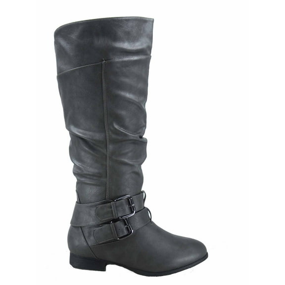Coco-20 Women's Fashion Buckles Low Heel Round Toe Zipper Knee High Riding Boots ( Gray, 9)