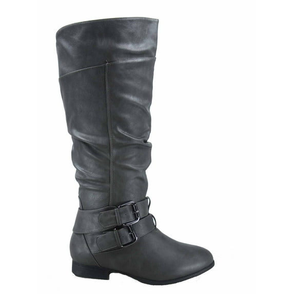 Coco-20 Women's Fashion Buckles Low Heel Round Toe Zipper Knee High Riding Boots ( Grey, 10 )