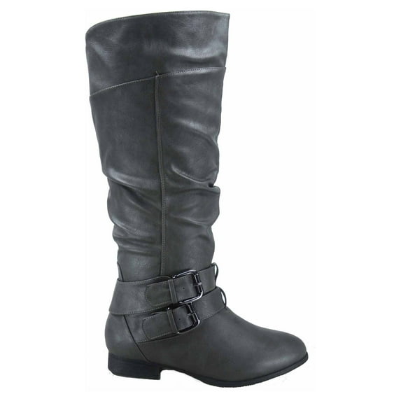 Coco-20 Women's Fashion Buckles Low Heel Round Toe Zipper Knee High Riding Boots ( Grey, 5 )